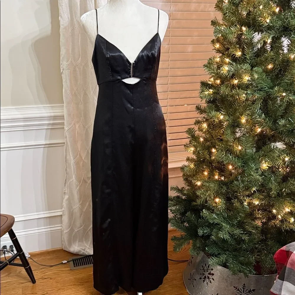 Free People Satin Cutout Jumpsuit Black Wide Leg Size 8 NWT